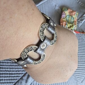 Premier Designs STARLET Grey Leather Bracelet Rhinestone Accents Snap Closure